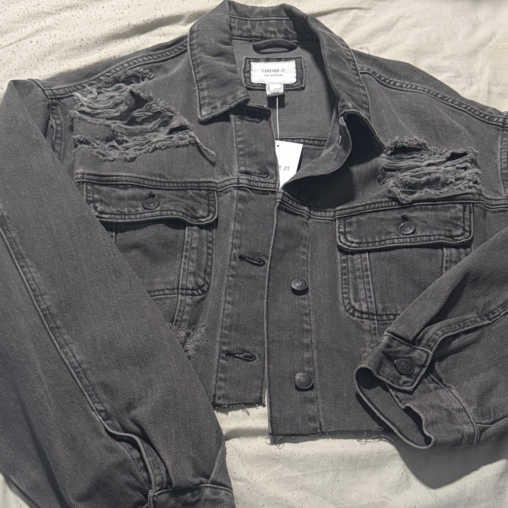 Forever 21 Women's Charcoal Distressed Denim Jacket